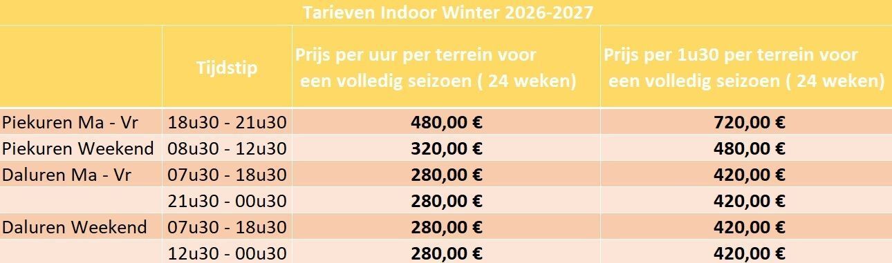 Tarieven Indoor Winter 2026-2027